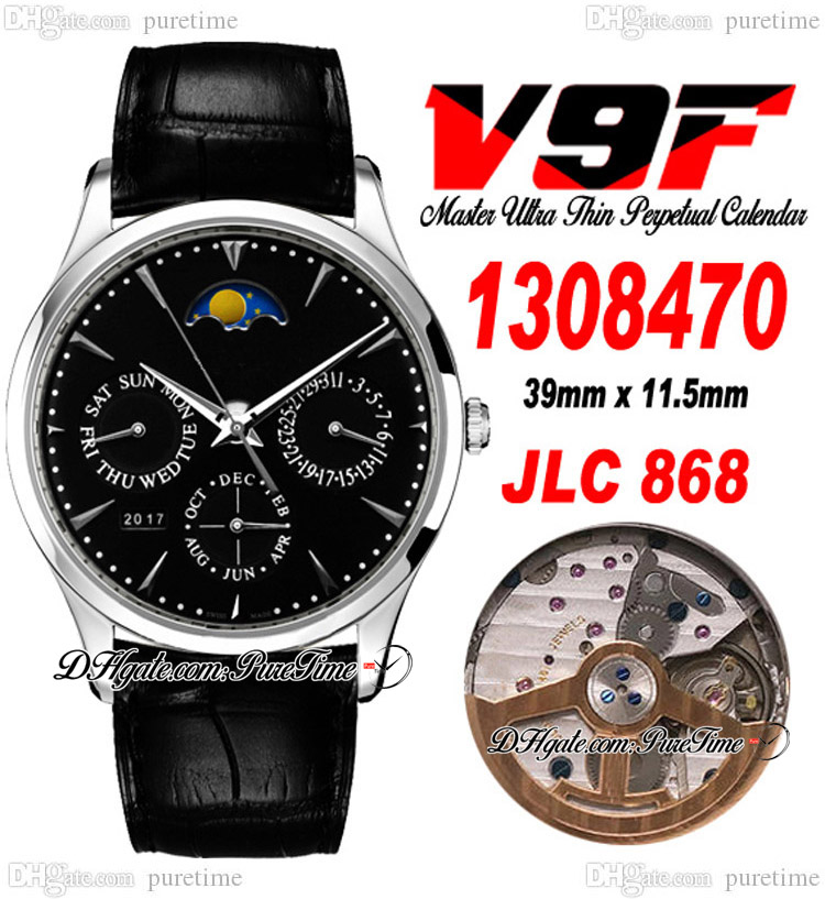 

V9F Master Ultra Thin Perpetual Calendar A868 Automatic Mens Watch Q1308470 Steel Case Black Dial Moon Phase Leather Strap Watches Super Edition Puretime A1, Custom enhanced waterproof