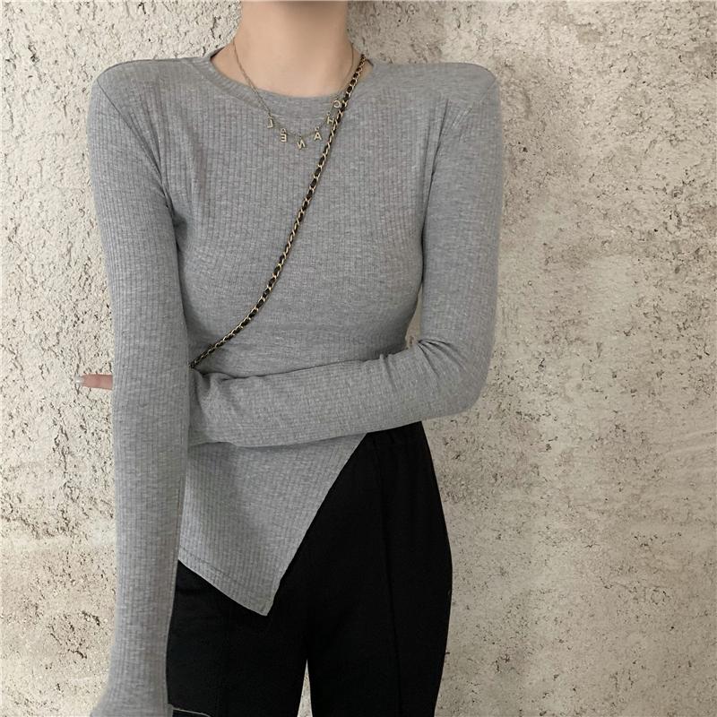 

Women's Sweaters Women's Bottoming Shirt With Slim Long-sleeved Gray Tight-fitting Wild Knit Sweater Open-ended Irregular TopWomen's, Black
