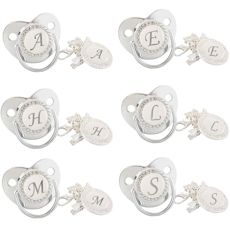 

Pacifiers# Name Initial Letter Luxury Silver Baby Pacifier Clips BPA Free Silicone Infant Dummy Nipple Born Soother DropPacifiers#