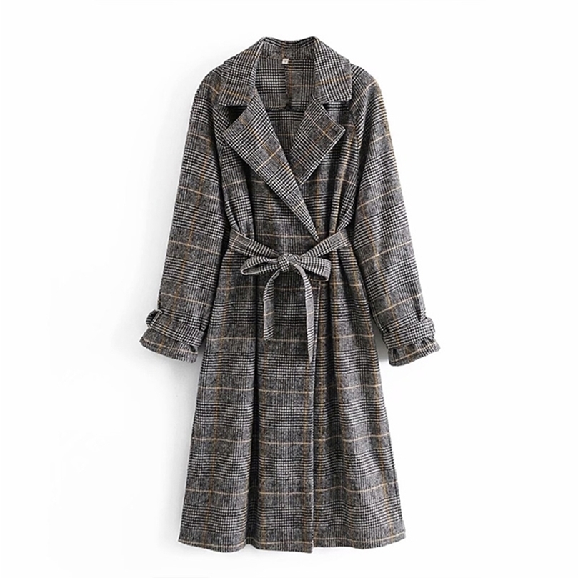 

Women Plaid Coat V Neck Thicken Warm Woolen Cloak For Winter Autumn Knee Length Loose Elegant Sashes Outwear Plus Size 201215