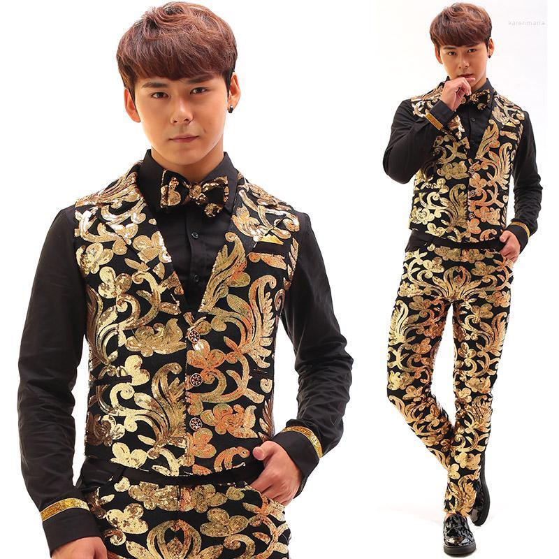 

Men' Vests Black Gold Sequins Embroidery Vintage Men Vest Set Nightclub Male Singer Stage Wear Individuality Unique False Pocket Costume Ka