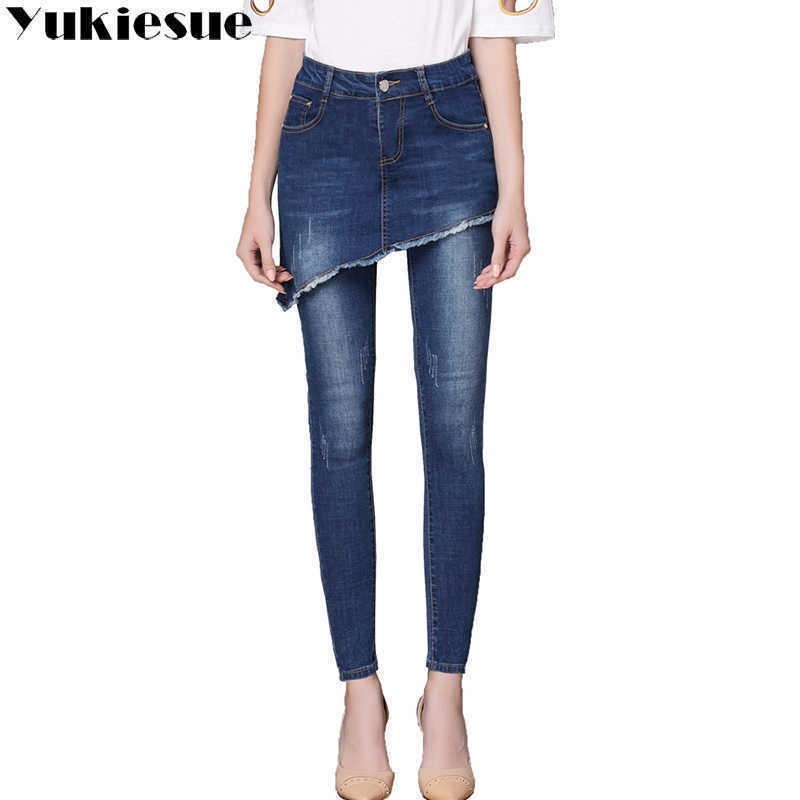

YUKIESUE female jeans high wasit vintage denim woman skinny long pencil pants skirts women plus size 210608, Medium blue