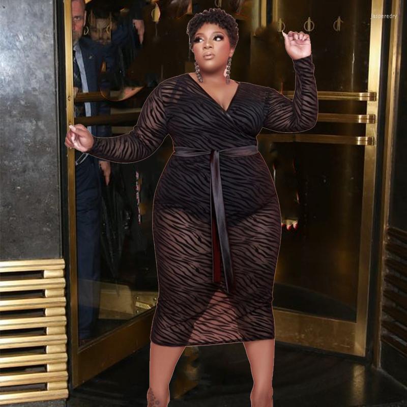 

Plus Size Dresses Women Long Sleeve Fall Flocking Mesh Midi Dress With Lace Up Sexy Club Bodycon Drop Wholesale Jasp22, Black