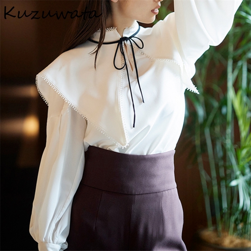 

Kuzuwata Autumn Blouses Detachable Sailor Neck Bow Tie Long Sleeve Solid Shirts Japan Style Temperament Sweet Blusas 220407, White black tie