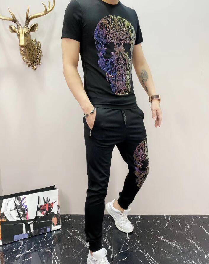 

Men's Tracksuits Europe Style 2022 Summer Fashion Top Quality O Net Red Casual Short Sleeve Suit Drilling Skull Design Tracksuit, Black