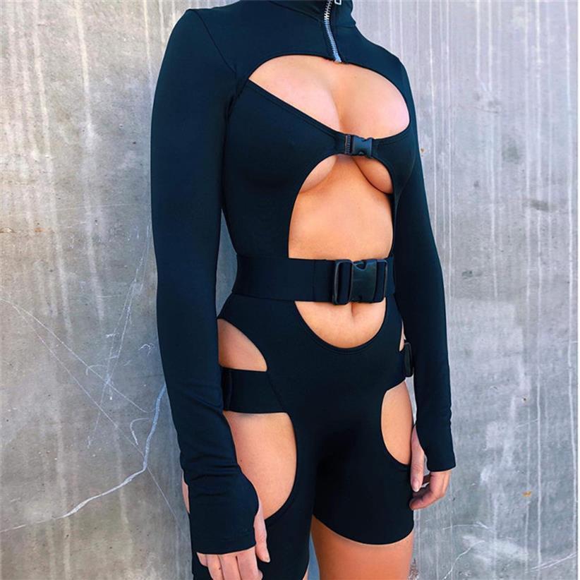 

Women Bodycon Buckle Cut Out Biker Rompers Sexy Long Sleeves Hollow Out Clubwear Bodysuit One Piece Short Jumpsuit Pants267x, Army green