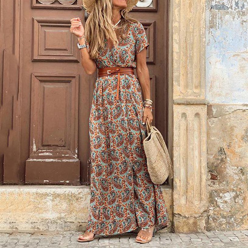 

Womens Long Dress Summer V-neck Boho Belted Maxi Dress Casual Sexy Party Dress Ladies Bohemian Beach Holiday Sundress325w, Blue