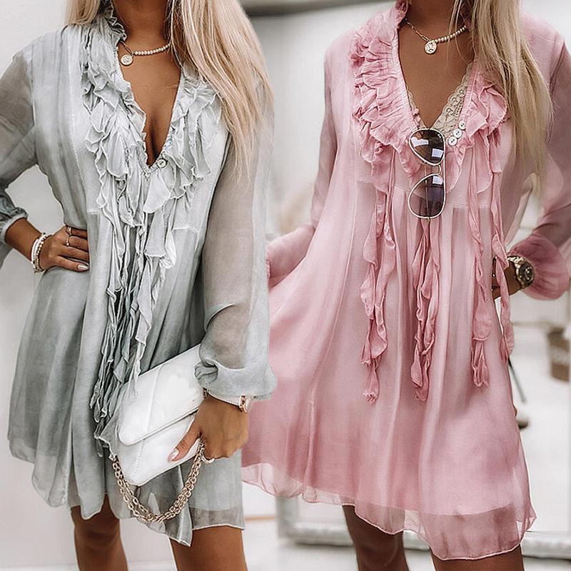 

Casual Dresses Sexy Womens Fashion Gauze Chiffon Blouse Summer Sun Protection V-neck Long Sleeved Tops Gradient DressCasual, Gray