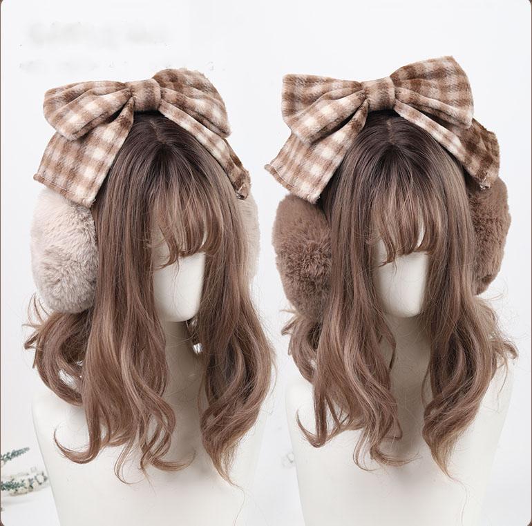 

Berets Earmuffs Women Winter Cute 2022 Imitation Fur Detachable Bow Earmuff Foldable Lolita EarmuffsBerets BeretsBerets, Dark beige