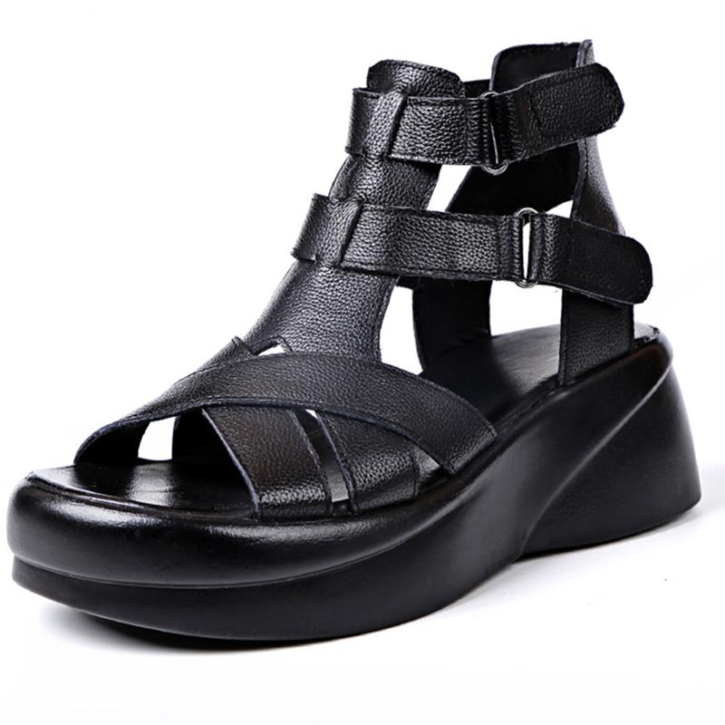 

Sandals Classic Retro Designer Brand Summer 2022 Roman Women Shoes Leather Platform Solid Woman Wedge Female, Black