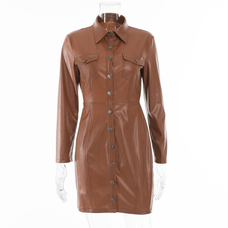 

Open Back Elegant Dress Women' Spring Autumn PU Leather Bodycon Dress Fashion Long Sleeve Shirt Style Sexy Club Brown Vestidos, As pic