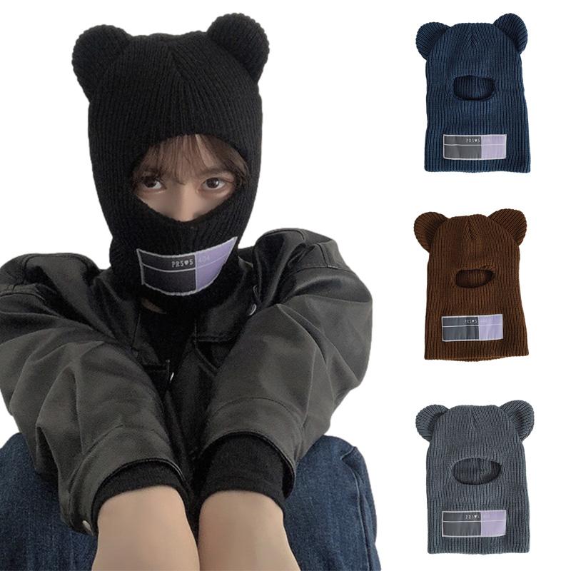

Beanie/Skull Caps Full Face Cover Ski Mask Hats Unisex Funny Hat Winter Warm Knit Cap With Cute Bear Ear Balaclava Windproof Beanies Bon, Black