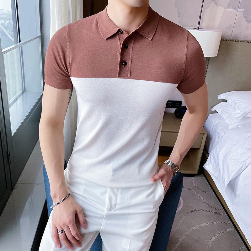 

Summer Korean Simple Slim Short Sleeve Shirt Casual Ice Silk Color Contrast Camisa Masculina Men's Polos, Black