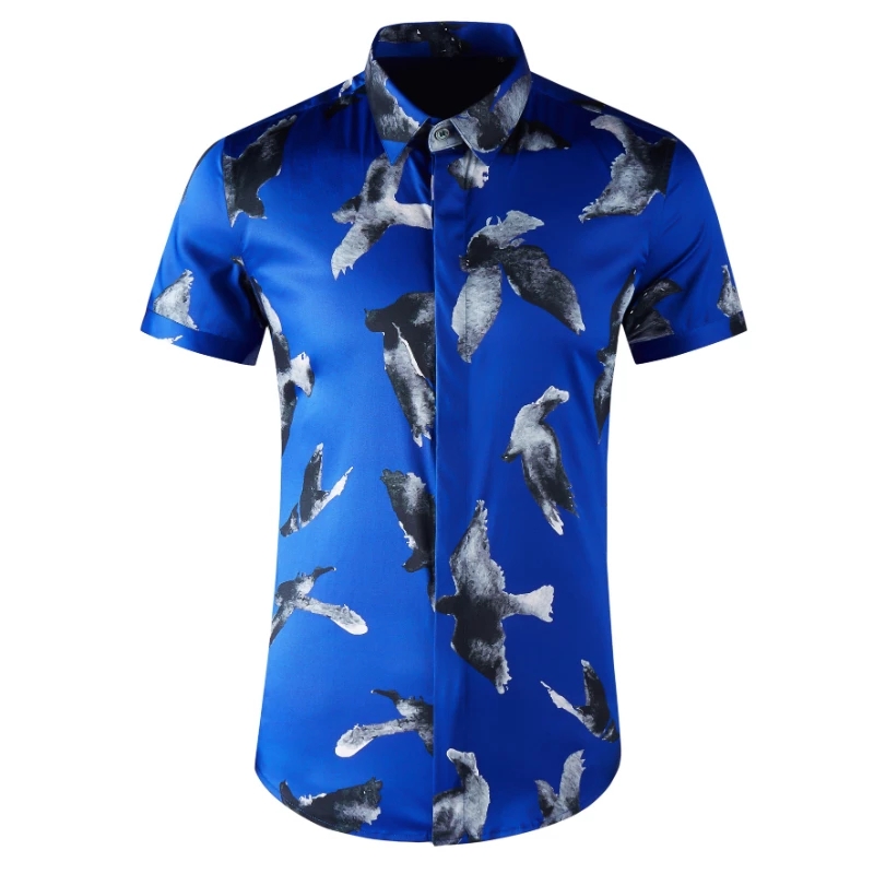 

Bird Printed Male Shirts Luxury Short Sleeve Casual Party Mens Dress Shirts Summer Slim Fit Streetwear Man Shirts 4XL, White
