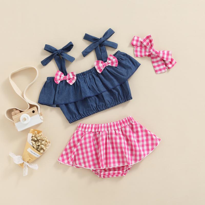 

Clothing Sets 3pcs Baby Girls Lovely Clothes 0-24M Sleeveless Off Shoulder Crop Bowknot Tops Plaid Printed Shorts HeadbandClothing, As pic