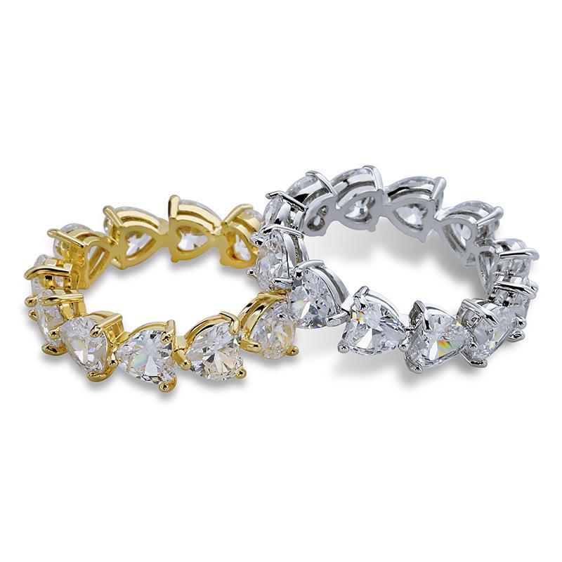 

Cluster Rings Hip Hop Bling Iced Out Heart Shape Cubic Zirconia Tennis Chain Women Men 1 Rows CZ Lover Ring Jewelry Gold ColorCluster Cluste