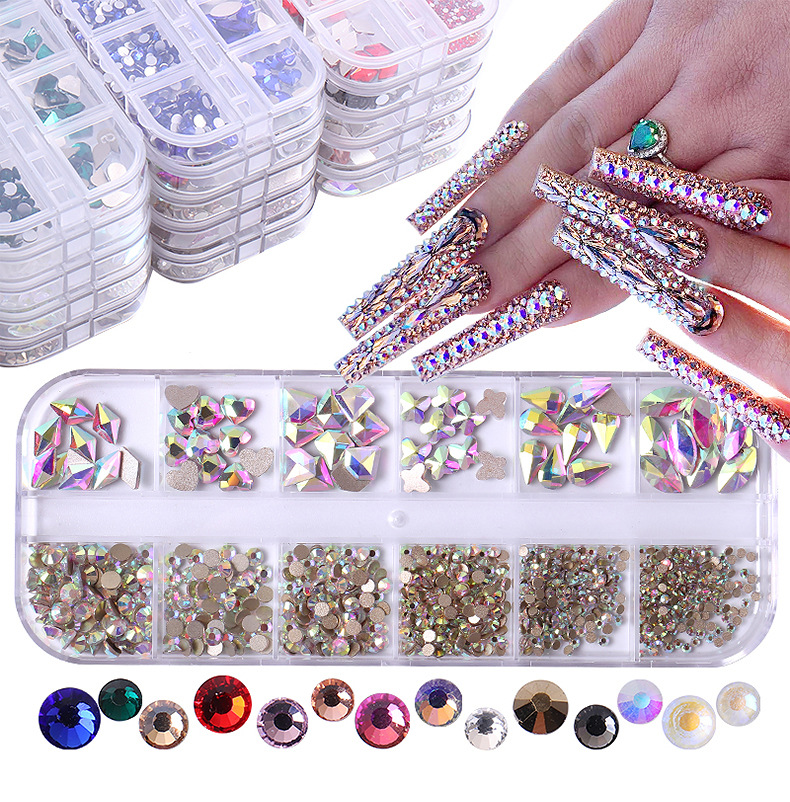 Nail Art Decorations 12 Gird Box Multi Size Colorful Hotfix Stone Crystal Diamond Gems 3D Wholesale Nails Make Up ZSHZ-image-769663679