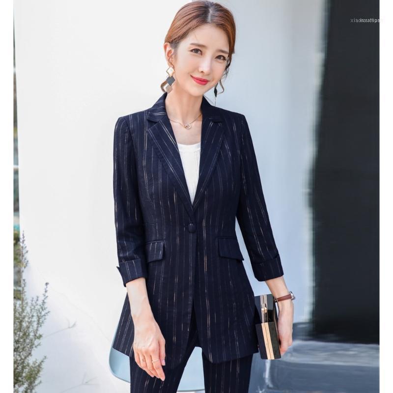 

Fashion Casual Women Blazer And Jackets Navy Blue Striped Long Sleeve Office Ladies Work Wear Clothes Styles1, White;black