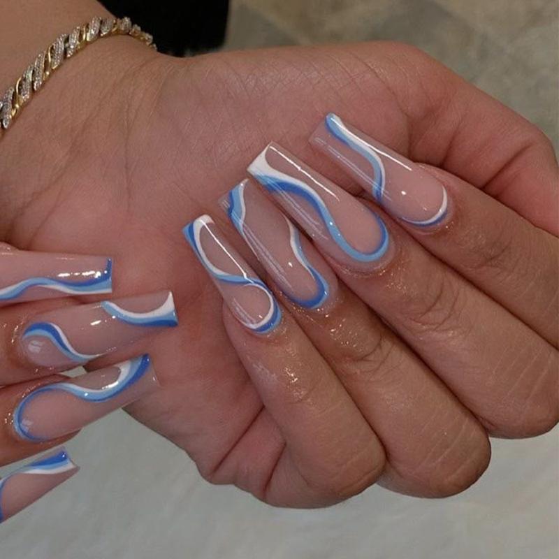 

False Nails 24pcs/Box Blue White Wavy Lines Nail Wearable Long Ballerina Coffin Fake Full Cover Artificial Tip Manicure Tool, Long-1