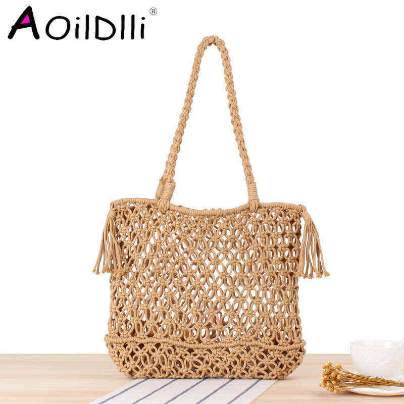 

Shopping Bags Schouder Geweven Zak Tij Vrouwelijke Bos Stro Handtas Hand Gemaakt Katoenen Touw Netto Strand Tote 220322, Beige