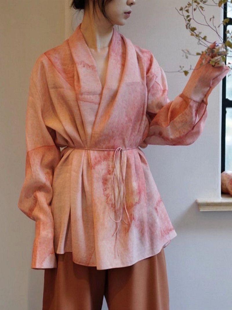 

Women' Blouses & Shirts Women Watercolor Blooming Print Shirt Long-Sleeve Ladies V-Neck Elegant Lace-Up Blouse And Tops 2022 Summer, Blue