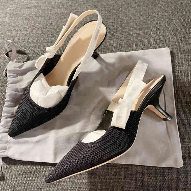 Dress Shoes D family high version letter with sandals women's summer thin heel pointed cat Baotou back empty single shoes striped s