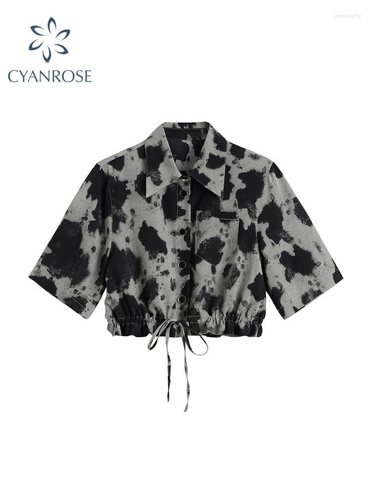 

Women' Blouses & Shirts Spring Women Vintage Print Fashion Korean Short Sleeve Single Breasted Shirt Female Streetwear Casual Loose Chee22, Picture color