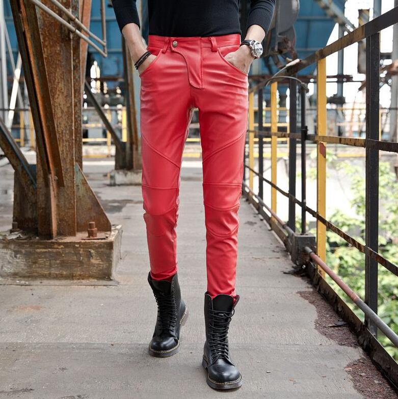 

Men's Pants Elasticity Fashion Motorcycle Faux Leather Mens Feet Plus Velvet Thicken Pu Trousers For Men Pantalon Homme RedMen's, Red