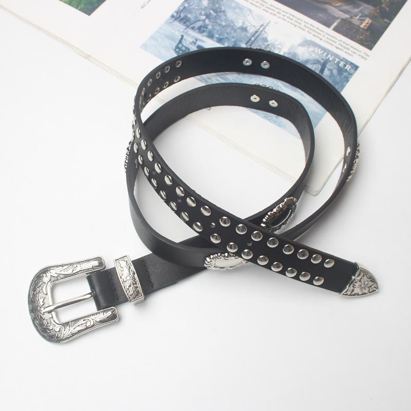 

Belts Flower Pattern Pin Buckle Stud Round Rivets Women Belt Waist Band Strap Punk Rock Style Goth Dance Fashion Accessories, Black