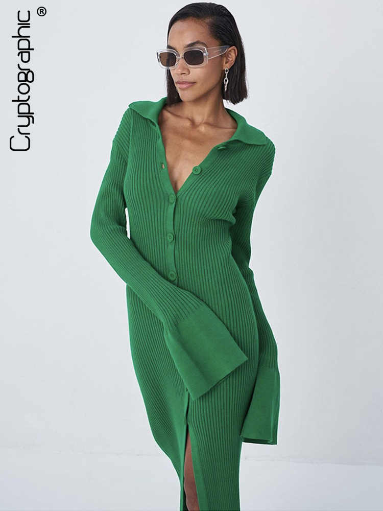 

Autumn Winter Sweater Knitted Dress Turn-Down Collar Women Sexy Split Maxi Dresses Flare Sleeve Dresses Outfits, Black