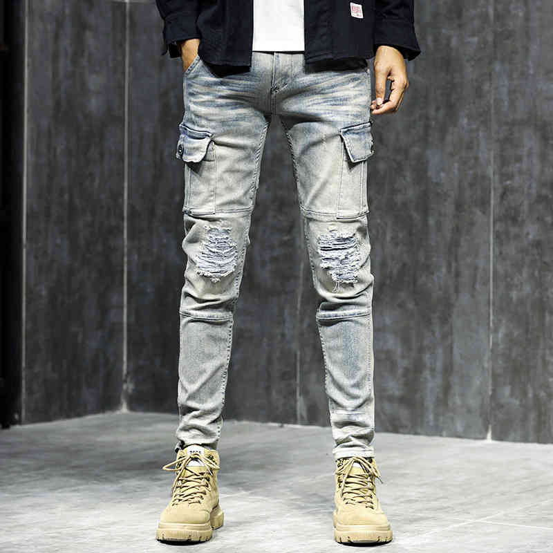 

New Multi Pocket stitched motorcycle jeans tide brand men's slim fitting nostalgic elastic hole beggar pants, 1916 retro