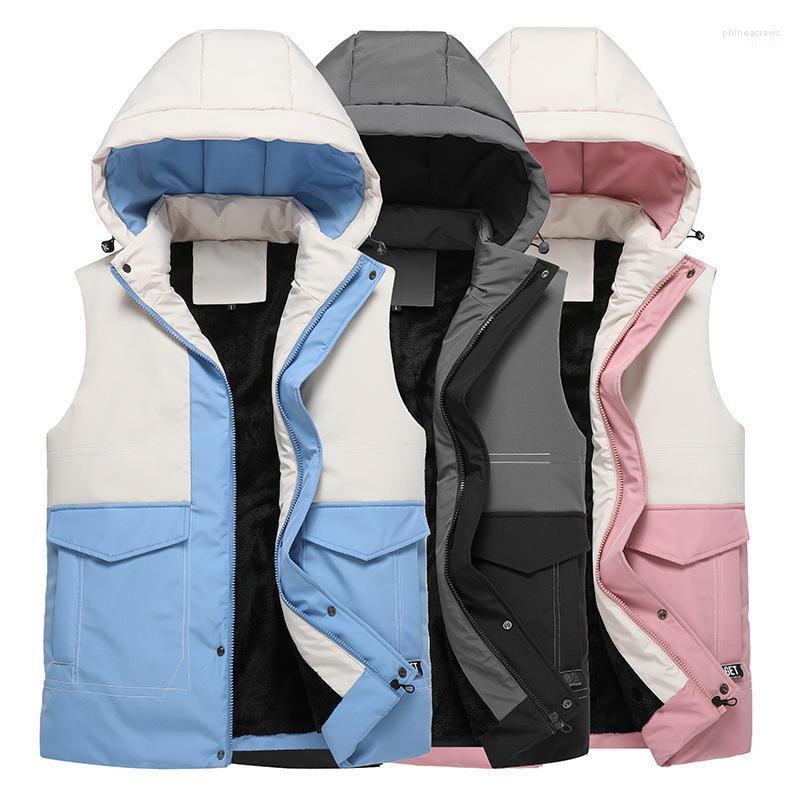 

Men's Vests 021 Autumn Men Fleece Winter Warm Sleeveless Jacket Fashion Hooded Casual Vest Outerwear Male Patchwork Thicken Waistcoat Phin22, Black