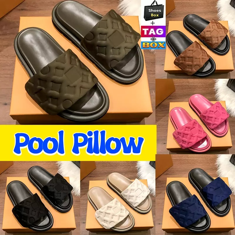 

Luxury Pool Pillow Flat Comfort Slippers Embossed Mules Designer Womens shoes Slides With Box nylon Cool Summer Slipper Sandals White printed Fashion slide