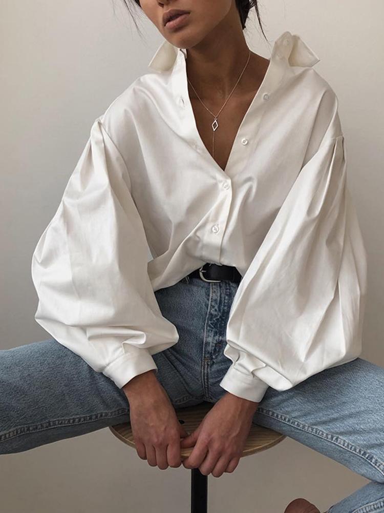 

Women' T-Shirt Lantern Sleeve Elegant Shirt Blouse White Black Sexy Button Vintage Turn Down Collar Office Ladies Female CasualWomen