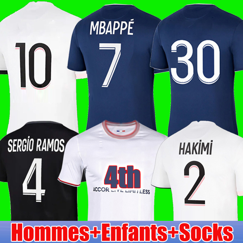 

MBAPPE 30# PLAYER Soccer Jersey Fourth White 2022 2023 HAKIMI SERGIO RAMOS MARQUINHOS VERRATTI KIMPEMBE Maillots de foot 3rd Football shirt 21 22 23 kids uniforms, 21 22 home no patch