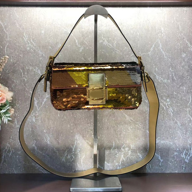 

Sequins Crossbody Handbag Women Baguette Bags Flap Handbags Gradient Pattern Zipper Pocket Flip Wallet Genuine Leather Wide Shoulder Strap, With box