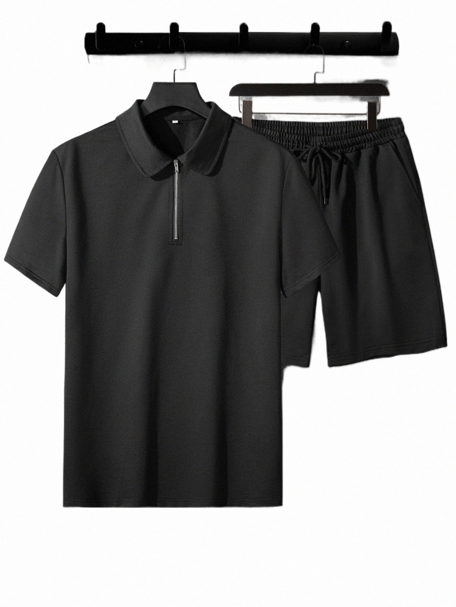 

men Quarter Zip Polo Shirt & Drawstring Waist Shorts 35ZD#, Black