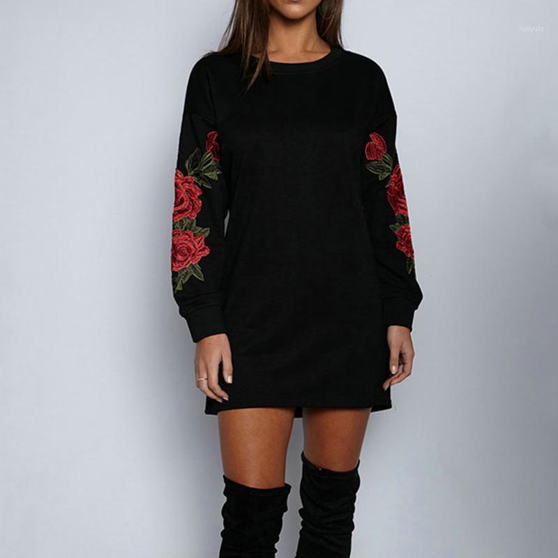 

Fashing Women Dress Spring Mini Sexy Night Classic Floral Printed Long Sleeve O-Neck Loose Black Streetwear Casual Dresses