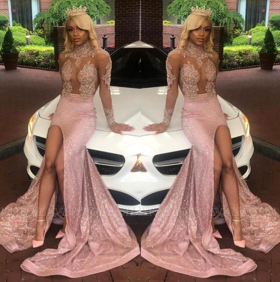 

Sheer Long Sleeves High Neck Lace Mermaid Prom Dresses 2022 Black Girls Lace Applique Split Backless Sweep Train Evening Gowns VOG343