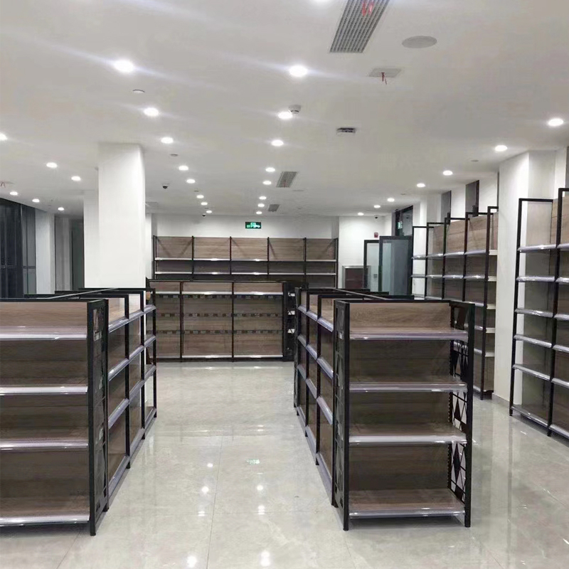 Commercial Furniture supermarket shelfS Support customization Wholesale convenience grocery store shelf double sided supermarket wooden made in China