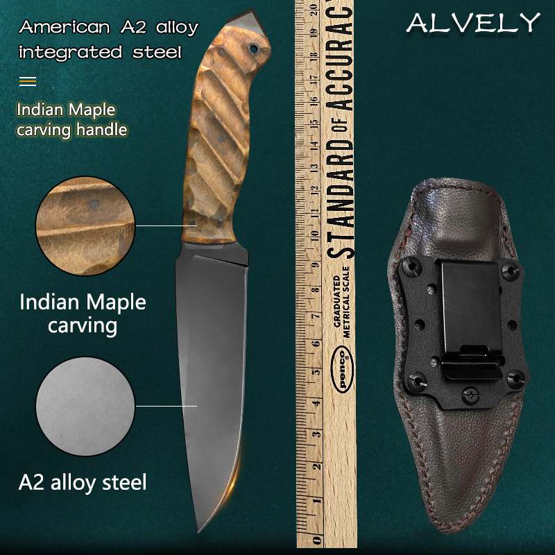 

Wooden handle fixed knife stone wash A2 blade outdoor camping hunting survival fishing tactical fighting self-defense multi-purpose EDC tool