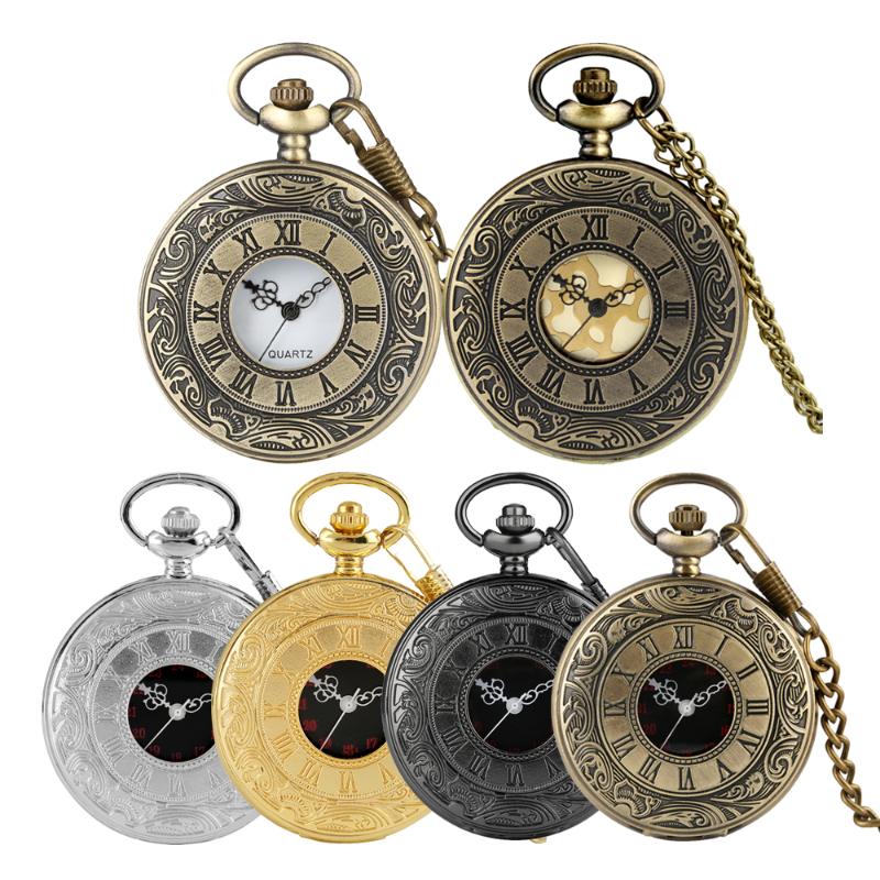 

Pocket Watches Steampunk Bronze/Silver/Black/Gold Roman Numerals Relief Cover Quartz Fob Chain Necklace Pendant Clock, Black necklace chain