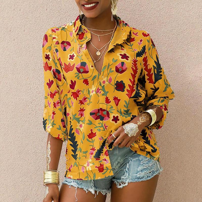 

Women' Blouses & Shirts Women Shirt 2022 Floral Print Single-breasted Autumn Long Sleeve Blouse Elegant Streetwear Green Xxxl