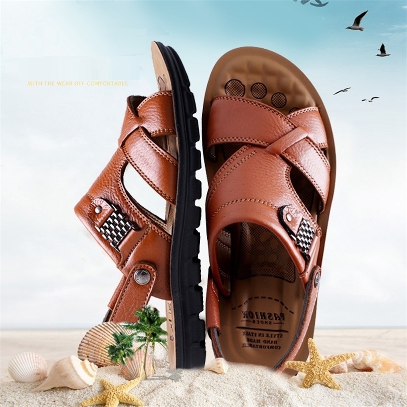 

Summer Mens Sandals Double Buckle Strap Beach Casual Shoes Black Brown 220611, Brown-2