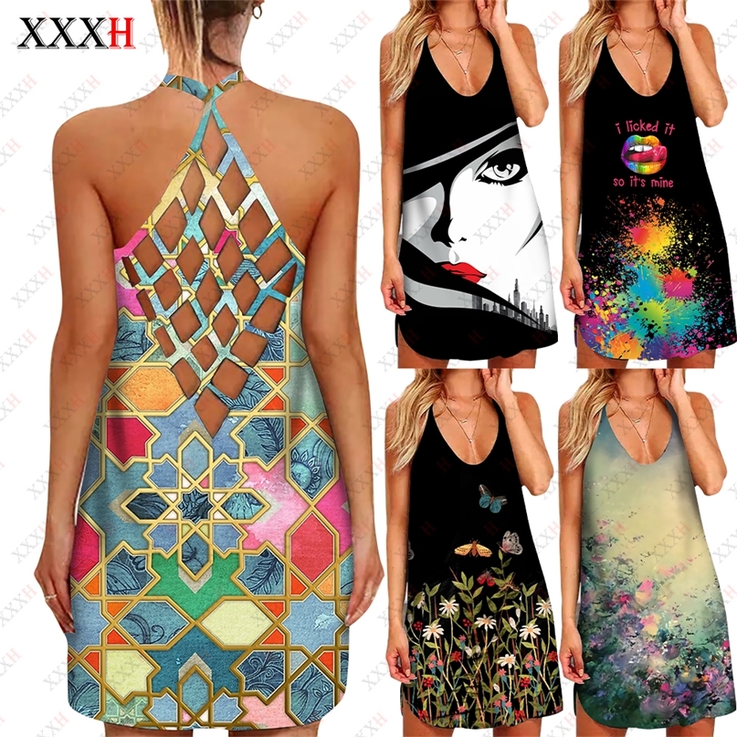 

XXXH Women 3D Printed Hollow Suspender Skirt Sexy Vintage Ruffles Dress Summer Boho Casual Party Elegant Dresses 220613, Suspender skirt-w