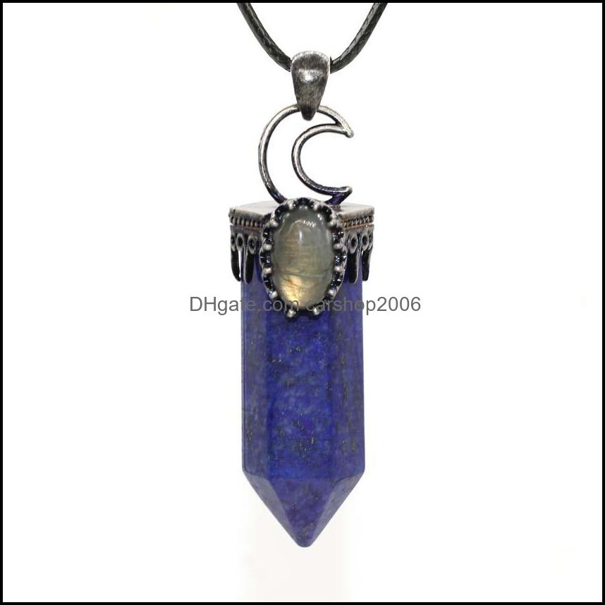 

Pendant Necklaces Pendants Jewelry Jln Hexagon Column Gemstone Antique Sier Plated Half Moon Accessory Plus Labradorite Bead Necklace With