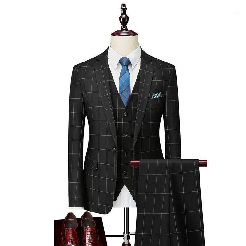 

Men's Suits & Blazers Fashion Men Business Plaid Suit 3piece Set Black Gray Slim Fit Mens Tuxedo Classic Wedding For Man Size S - 4XL