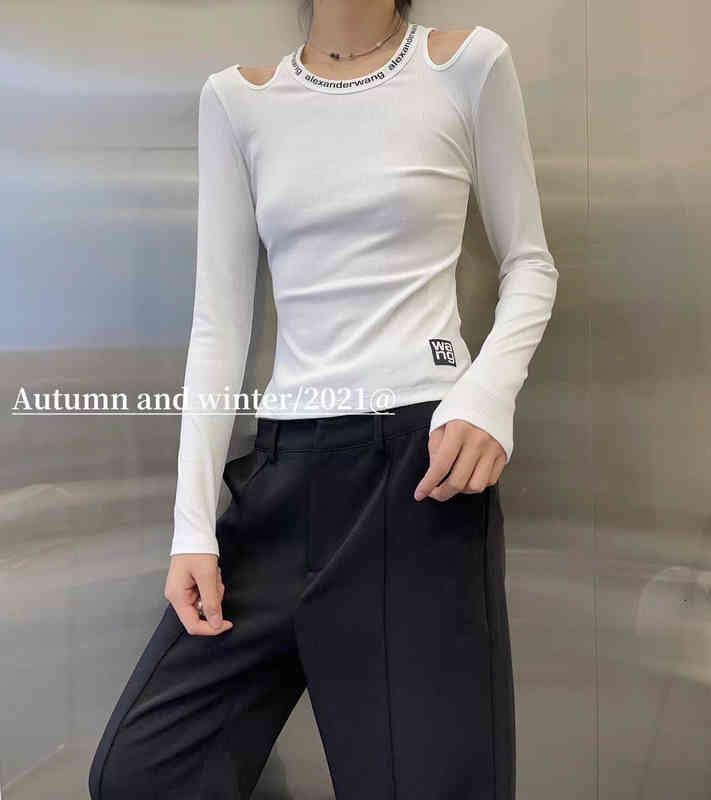 Women's T-Shirt Aw King 22 spring round neck letter slim off shoulder top women's elastic knitted long sleeve T-shirt bottoms C0I8-image-761480381