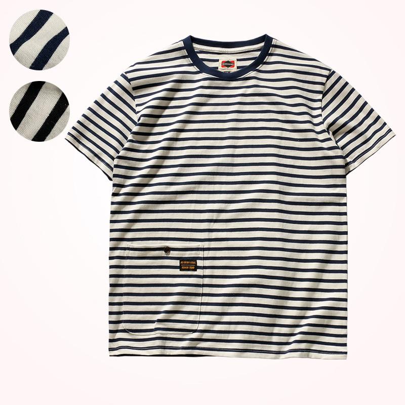 

Men's T-Shirts Summer Sailor's Striped T-shirt Men's Fashion Short Sleeve Retro Round Neck Pure Cotton Wash Young Couple Bottom Tops, Black
