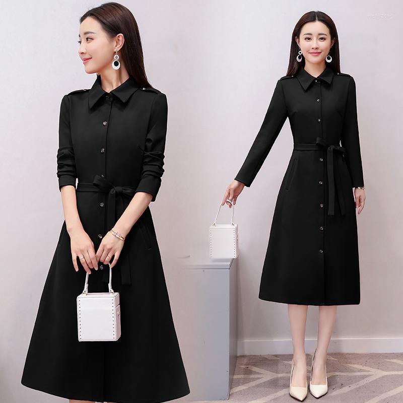 

Women's Trench Coats 2022 Fashion Dresses Autumn And Winter Long-sleeved Lapel Waist Dress, Black